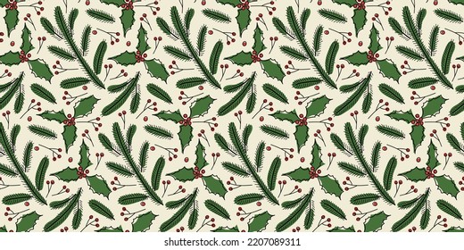 Winter plant seamless pattern. Vector hand drawn winter Freehand. Seasonal doodle backdrop. New year, Christmas Repeated Hand drawn design for wallpaper, wrapping, scrapbooking, print, textile