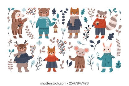 Plantas de invierno, oso, conejo, erizo, ratón, zorro, mapache, ardilla, colección de ciervo. Conjunto de bosque: hojas, ramas, personajes animales. Ilustración plana de Vector para tarjetas, scrapbooking.