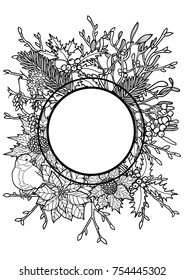Winter plants with bird frame. Nature round black and white A4 composition for greeting cards, mock ups, coloring page and covers with text place.