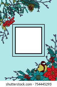 Winter plants with bird square frame. Nature colorful angular A4 composition on white background for greeting cards, mock ups, coloring page and covers with text place.