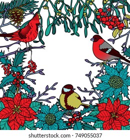 Winter plants with birds pattern. Nature square colorful composition on white background for greeting cards, mock ups, coloring page and covers with text place.