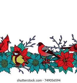 Winter plants with birds seamless border. Nature colorful wallpaper on white background for greeting cards, mock ups, textile prints and covers with text place.