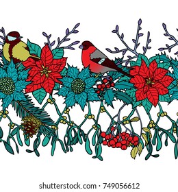 Winter plants with birds seamless border. Nature colorful wallpaper on white background for greeting cards, mock ups, textile prints and covers.
