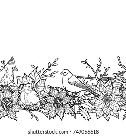 Winter plants with birds seamless border. Nature black and white wallpaper for greeting cards, mock ups, coloring page, textile prints and covers with text place.