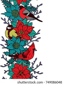 Winter plants with birds seamless border. Nature colorful wallpaper on white background for greeting cards, mock ups, textile prints and covers with text place.