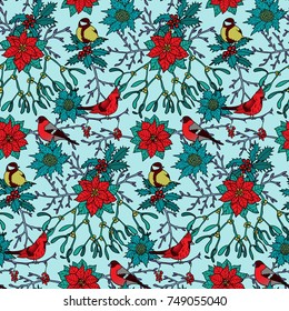 Winter plants with birds seamless pattern. Nature colorful wallpaper on white background for greeting cards, mock ups, textile prints and covers.