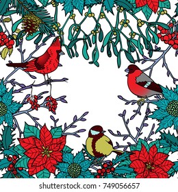 Winter plants with birds seamless pattern. Nature colorful wallpaper on white background for greeting cards, mock ups, coloring page and covers with text place.