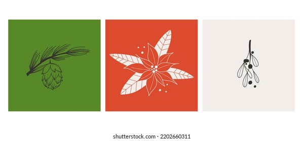 Winter plants cards. Pine cone, Poinsettia flower and xmas mistletoe. Christmas decor or postcards. Line decorative elegant elements. Hand drawn botanical vector elegance decor, isolated set