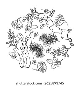 Plantas de inverno em círculo com lebres, bagas de rowan, visco e ramos de pinheiro desenhados à mão vetor contorno branco preto. Ilustração da arte da linha da flora da floresta para cartões de Natal, artigos de papelaria, louças.