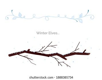 Winter plants decorations and text dividers. Winter nature elven ornaments. Snowy twig branch and frosted swirl plant.