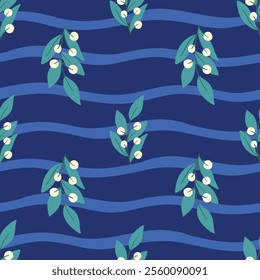 Winter plants on blue striped background, vector pattern design
