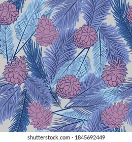 Winter plants seamless pattern. Christmas tree, branch, twig, cone. Editable vector illustration.