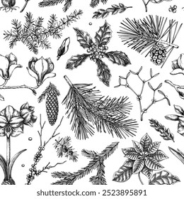 Winter plants seamless pattern. Christmas background. Winter tree sketches. Hand-drawn vector illustration. NOT AI generated