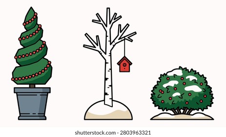 Winter plants spiral evergreen bare tree with birdhouse and snow covered shrub festive seasonal illustration