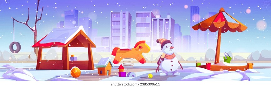 Parque infantil para los niños en el parque de la ciudad. Dibujo vectorial de un jardín público nevado con muñeco de nieve, caballo mecedor, cabaña de madera, arenero bajo sombrilla, juguetes en el suelo, paisaje urbano en el horizonte