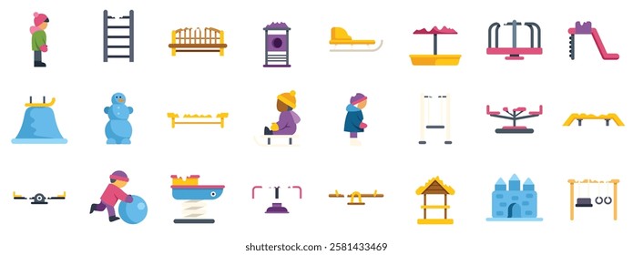 Winter playground icons set with children playing in the snow, sledding, and enjoying various outdoor activities