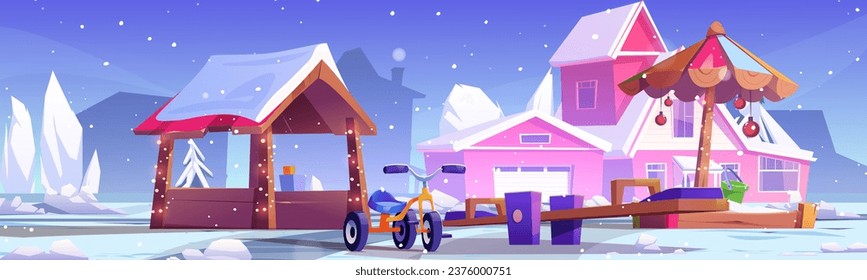 Winter playground park cartoon vector landscape with nobody. Bicycle, toy, sandbox and seesaw kindergarten outdoor equipment illustration for game. Suburb children recreation and amusement activity