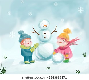 Winter playing outside two children do snowman, girl and boy xmas card banner vector illustration watercolor drawing style 