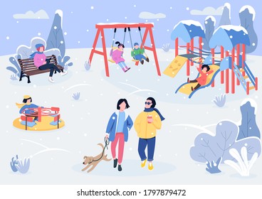 Winter playpark with visitors flat color vector illustration. People spending leisure time on winter holiday. Children recreation area covered with snow 2D cartoon characters with trees on background