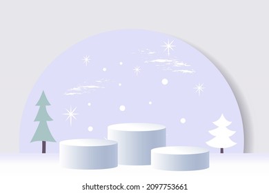 winter podium with snowflakes, Christmas trees, frost, medal pedestal or cosmetic product display stand with cylinders, geometric platform of the Olympic Games, sports competition.