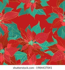 Winter Poinsettia seamless pattern for Christmas packaging and wrapping paper or textiles. Poinsettia silk leaves with golden line on a gala red background.