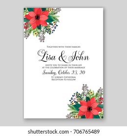 Winter poinsettia wedding invitation. Template floral for Christmas party invitation or poster. 