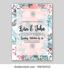 Winter poinsettia wedding invitation. Template floral for Christmas party invitation or poster. 