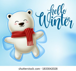 Winter polar bear character vector design.  Hello winter text in snowy space background with playing cute polar bear for winter season greeting design. Vector illustration 