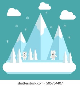 Winter polar flat landscape. Mountain resort concept scene. Winter time landscape in flat design with polar bears, mountains, trees and snow. Snow time landscape