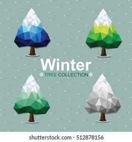 Winter Polygonal trees collection on background,Set of geometric vector illustration.