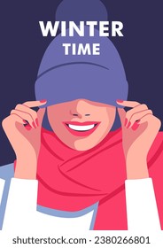 Winter portrait close up of cheerful woman pulling purple hat over her eyes. Woman hidden eyes by hat and laughs. Vector illustration for mobile and web graphics.