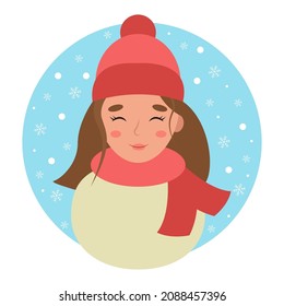 Winter portrait of a girl. Snow in the background. Vector graphics in flat cartoon style