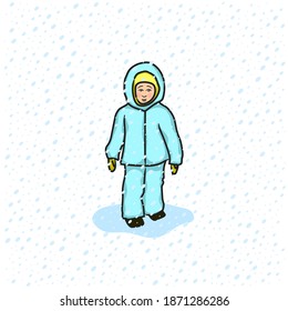 Winter portrait of kid, child in warm clothes, coveralls, jacket and pants, snowsuit, overalls, outdoors during snowfall. Snow, snowflakes