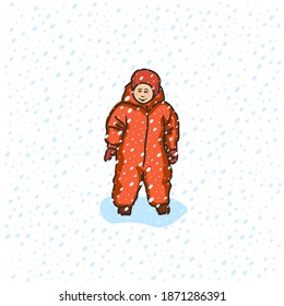 Winter portrait of kid, child in warm clothes, coveralls, jacket and pants, snowsuit, overalls, outdoors during snowfall. Snow, snowflakes