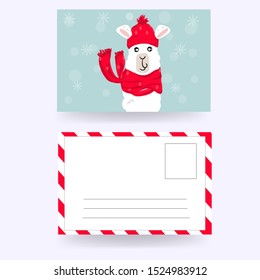 Winter post card. Llama in a hat. Vector.