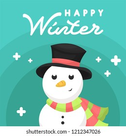 Winter post card with Snowman Character with Smile Face