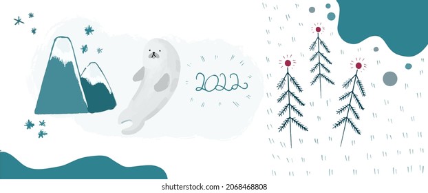Winter postcard 2022, flat style, Christmas trees and seal, hugge