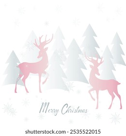 Winter postcard, background with deer, Christmas tree, snowflakes, bells, angels. Greetings for the holidays.