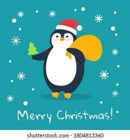 Winterkartoon auf Postkarte, flacher Gruß Weihnachten. Pinguin mit Baum, Geschenktasche.  Hübscher, glücklicher Tiercharakter des Neujahrs. Einzelne Vektorgrafik