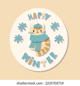 Winter postcard with a cat. Vector illustration in doodle style.