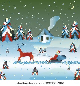 Winter postcard. A deer harnessed to a sleigh against the background of snowdrifts, firs and a house.