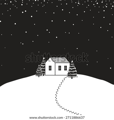 A winter postcard featuring a cozy little house among fir trees on a hilltop covered in falling snow. A chain leads to the house. Vector illustration