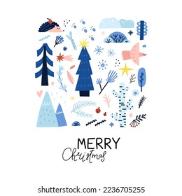 Postal de invierno. Tarjeta forestal. Árboles nevados, bayas congeladas, ramas azules y conos. Afiche sobre la naturaleza salvaje, letras de Año Nuevo y Navidad dibujadas a mano, dibujos vectoriales planos aislados
