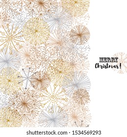 Winter postcard with gold and silver snowflakes. 