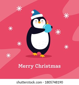 Winter  postcard greeting ChristmasPenguin with ball. Cartoon  flat card, hand drawn penguin. Funny happy New year animal character. Isolated vector illustration