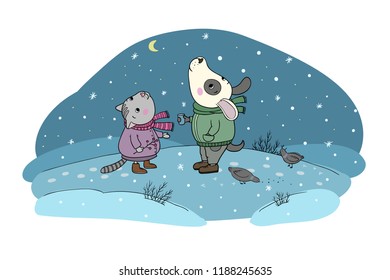 Winter postcard. Lovely cat and dog. December day.