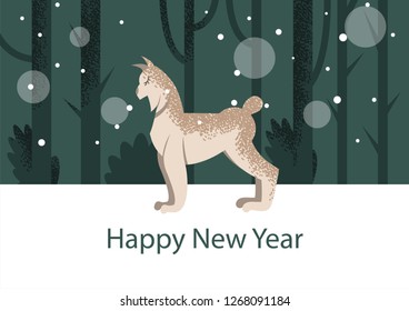 Winter postcard with lynx on the tree background