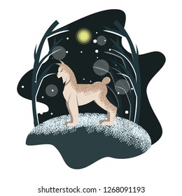 Winter postcard with lynx on the tree background