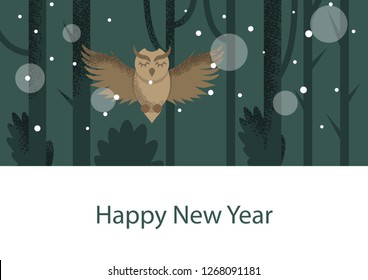 Winter postcard with owl in flat style