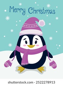 Um cartão postal de inverno com um pinguim. Um pinguim fofo em um chapéu e um cachecol. Ilustração de vetor de Natal. O mascote. Vetor Ano Novo é cartão.